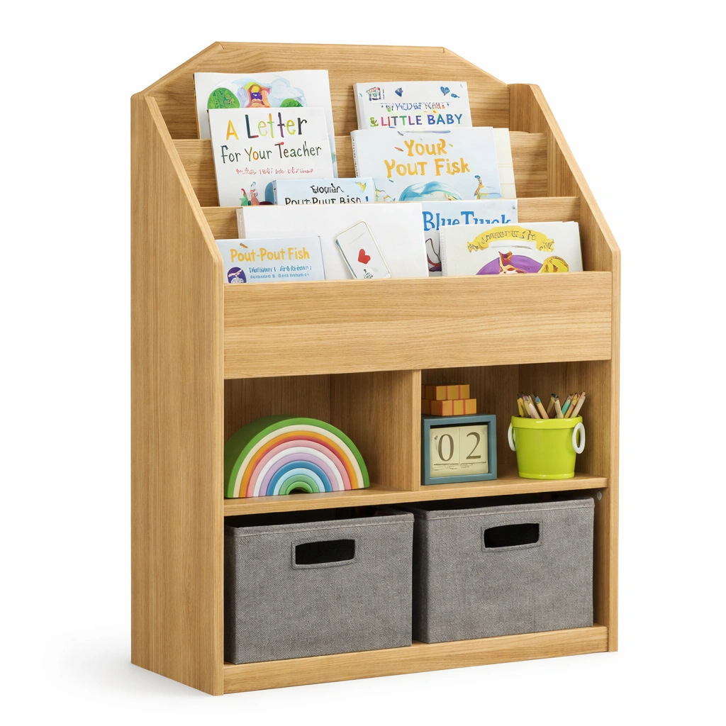 Libreria infantil de madera con compartimentos y almacenaje inferior-cozanoe